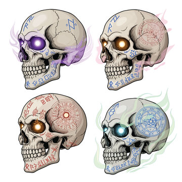 Mystical Skull Vector Set with Glowing Eyes and Magic Runes &ndash; Fantasy and Gothic Style