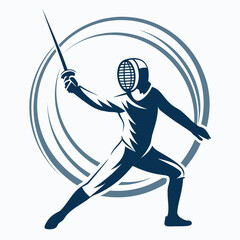 Dynamic fencer in mid lunge with foil depicted in profile facing left