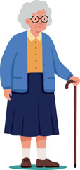 Elderly woman standing with walking cane in blue cardigan and skirt vector illustration 