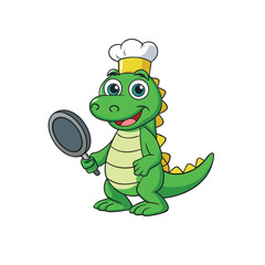 Friendly cartoon crocodile chef holding a frying pan with food