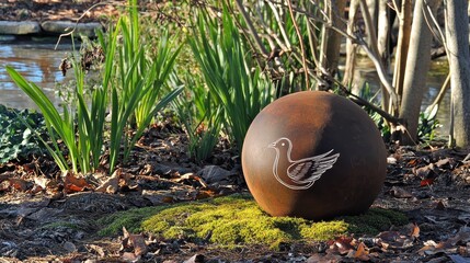 Decorative Garden Sphere with Bird Design in Natural Setting