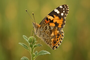 Obraz premium Amidst the verdant embrace of nature, a butterfly finds solace on a leaf, its wings spread wide in a moment of tranquility