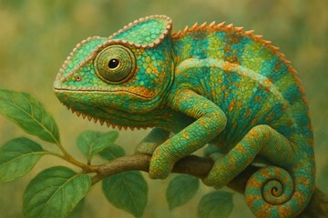 Obraz premium A vibrant chameleon perches on a leafy branch, its body adorned with a mesmerizing pattern of blue and green scales