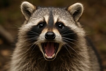 Obraz premium A wild raccoon's fierce gaze captures attention as it roars into the camera lens