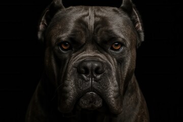 The Piercing Gaze of a Black Bulldog Against a Dark Backdrop