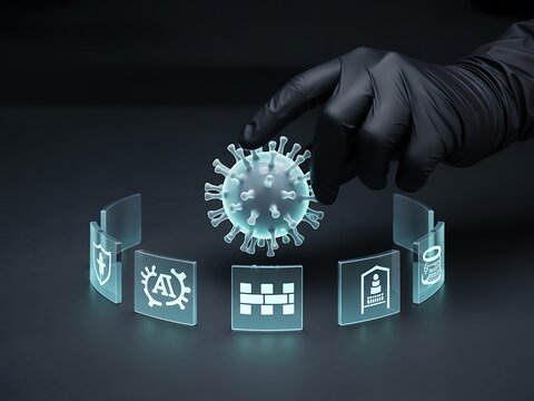 Gloved hand places virus icon near digital interface