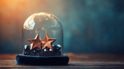 Decorative glass dome with golden stars and shiny gemstones inside