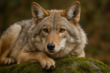 A wolf gazes intently into the distance, its piercing eyes reflecting a world unseen