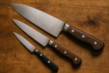 A trio of knives rests on a wooden surface, each with its own unique design and purpose