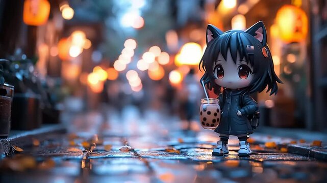 Cute figurine of a girl with boba tea in a city street at night