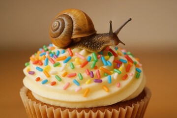 A snail-shaped cupcake topper sits atop a rainbow sprinkle delight, inviting a taste of sweetness and the charm of nature