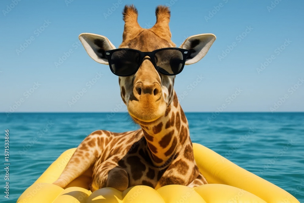 Poster a giraffe enjoys a sunny day on an inflatable float in the ocean