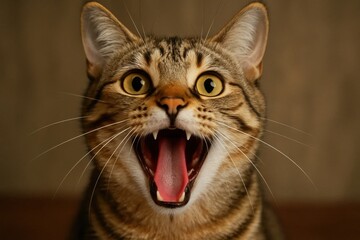 A close-up of a tabby cat with its mouth wide open, showcasing its sharp teeth and piercing yellow eyes