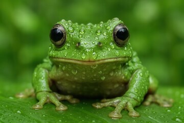 Amidst the verdant embrace of nature, a lone green frog sits poised on a leaf, its eyes reflecting the world around it with an air of quiet curiosity