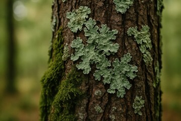 Obraz premium A Tree's Bark Adorned with Green Moss Patterns
