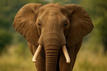 A majestic elephant stands tall against a verdant backdrop, its gentle eyes reflecting the tranquility of nature