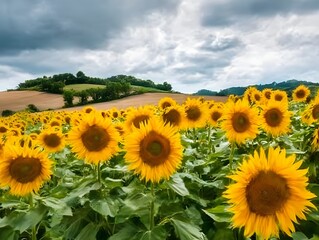 Sunflower Field Under Cloudy Sky with Rolling Hills, Golden Petals Radiating from Centers, Wide-Angle Nature Landscape of Tranquil Grandeur