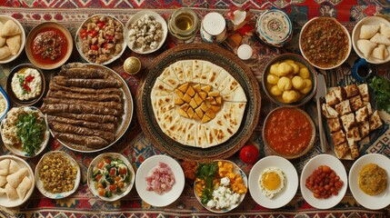 Fototapeta premium Abundant Traditional Middle Eastern Feast with Various Dishes