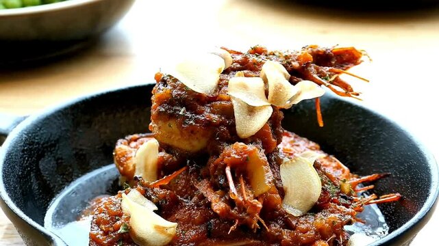 A delicious prawn dish is topped with garlic and savory sauce