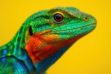 Fototapeta premium A vibrant green lizard with striking red and blue markings gazes intently against a bold yellow backdrop
