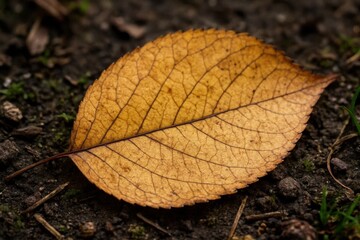 A solitary leaf rests on the earth, its golden veins telling a story of nature's cycle