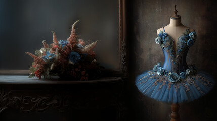 A mirror and a ballet tutu in a dark room with a shabby chic dance studio vibe.