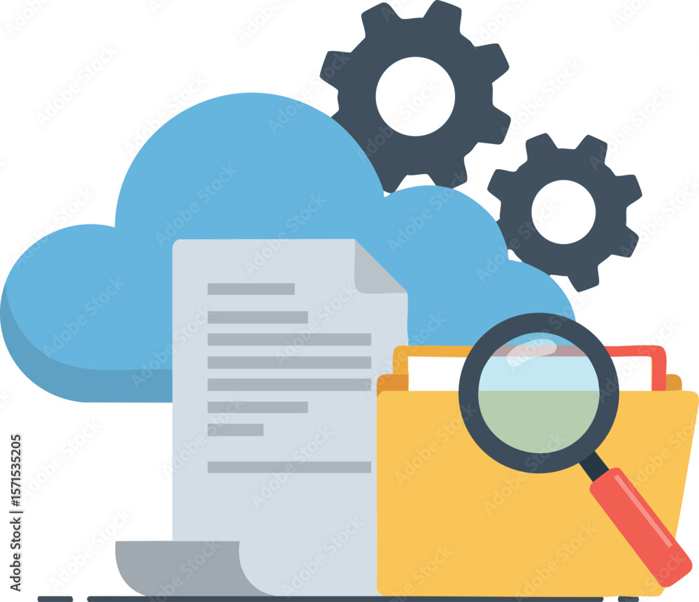 Poster cloud storage concept with file folder magnifier and gears vector illustration