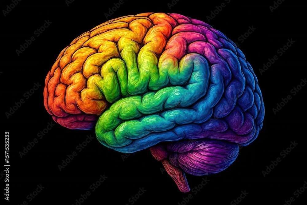 Poster a vibrant and intricate representation of the human brain, showcasing its complex structure with a s