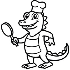 Friendly crocodile chef holding a frying pan with food