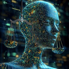 Binary code forming human face and a scale of justice AI and Moral Responsibility infographic symbolic composition ethics overlay digital art