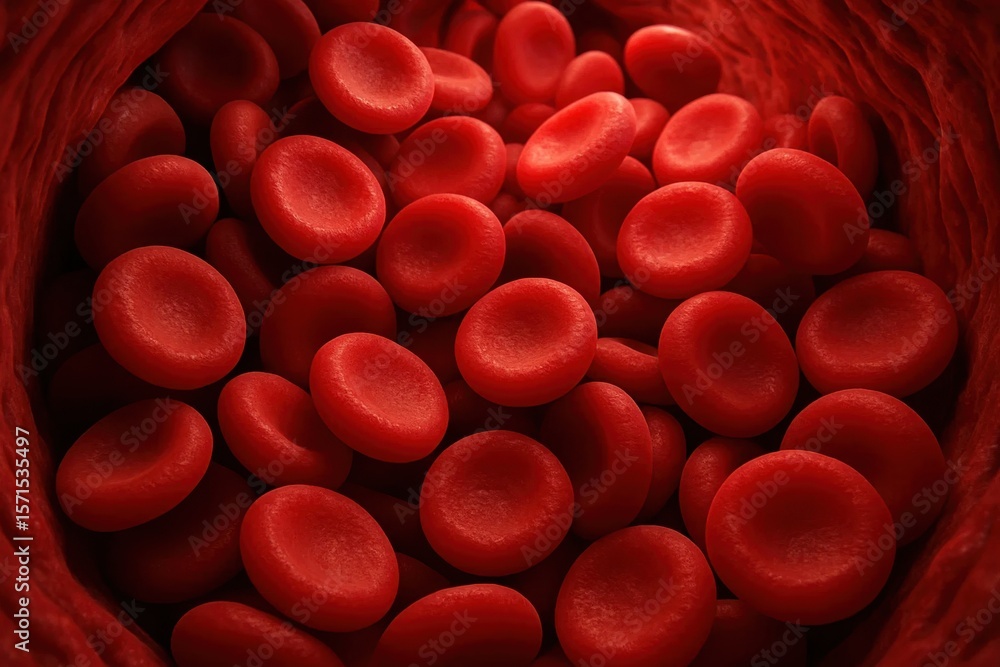 Poster a close-up view of red blood cells suspended in a vascular system, highlighting their spherical shap