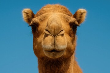 Obraz premium Close-up of a camel's face against a clear blue sky