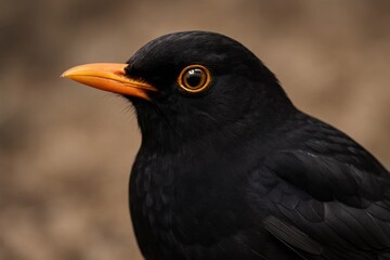 Fototapeta premium A close-up of a blackbird with an orange beak and striking yellow eyes perched on a wire fence