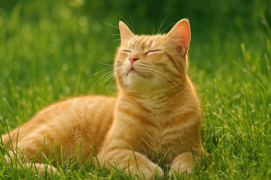 A serene orange tabby cat enjoys a peaceful nap in the lush green grass