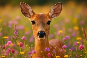 A young deer gazes into the camera amidst a vibrant field of wildflowers, embodying the tranquility and beauty of the natural world
