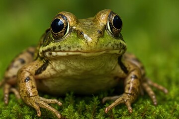 Fototapeta premium A serene frog gazes directly into the camera, its eyes reflecting a world of green and life