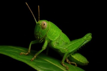 A solitary green grasshopper poised on a leaf against a stark black background