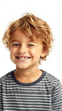A cheerful young boy with curly hair wearing a striped shirt smiles brightly against a white background, vertical video