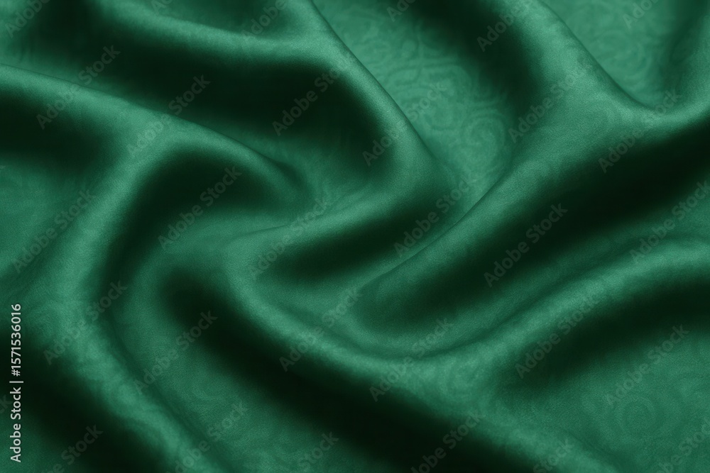 Poster a close-up view of a rich, dark green fabric with a subtle pattern, capturing the intricate folds an