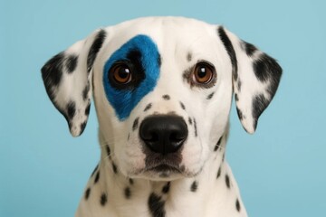 Blue paint on its eye stands out against the classic black spots