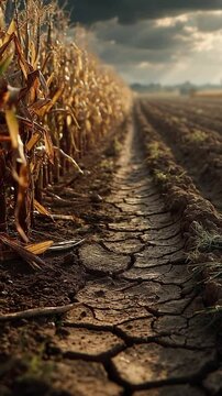 Cracked Dry Path Through Cornfield at Sunset &ndash; Drought and Agriculture Concept