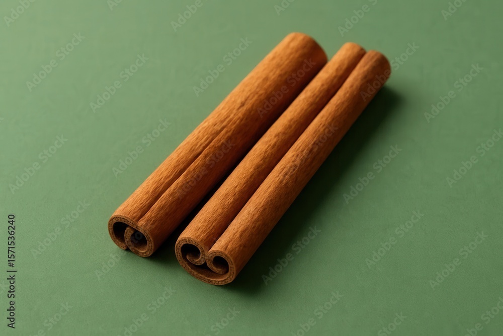 Poster two cinnamon sticks with intricate spiral patterns resting on a green textured surface