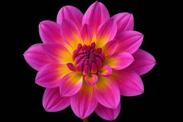 A solitary pink dahlia stands out against a stark black background, its vibrant colors and intricate petals capturing the essence of nature's beauty