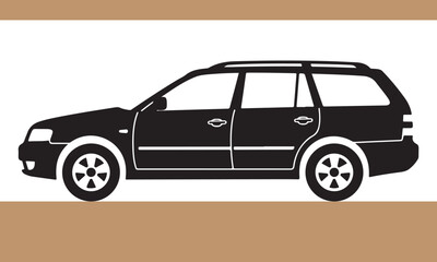 Black and white minimalist illustration of a station wagon car with details and elements.