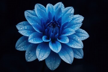 A solitary blue flower blooms against a dark backdrop, its petals glistening with dew drops, symbolizing purity and tranquility