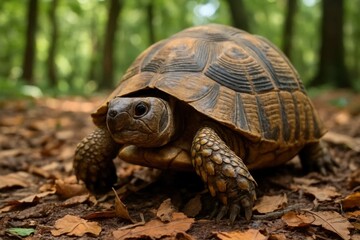 Obraz premium A solitary garden tortoise stands poised in a forest clearing, its shell a tapestry of brown and black patterns