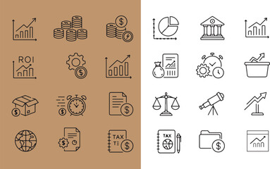 Collection of business and finance icons representing growth profit investment and financial concepts