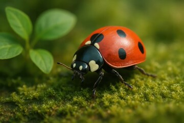 Obraz premium A ladybug with vibrant red spots and black stripes is captured in a moment of tranquility on a bed of fresh green grass, surrounded by the delicate textures of nature's bounty