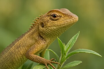 Fototapeta premium A serene moment captured as a golden-brown lizard with intricate scales gazes intently from its perch on green foliage, embodying the quiet beauty of nature