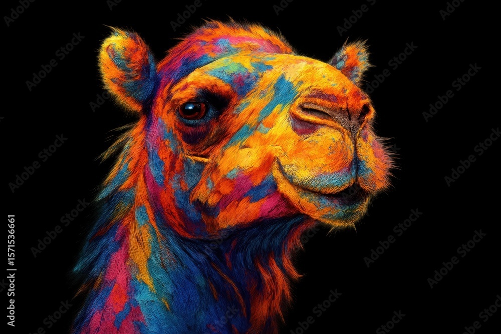 Poster a vibrant portrait of a camel, its head turned slightly to the side, showcases an array of colors th